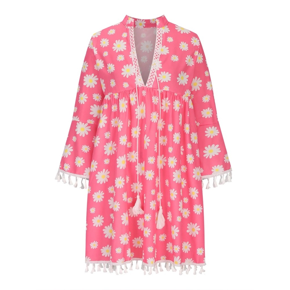 🌼 Emery Rose Pink Daisy Tassel Trim Boho Dress - Size XL (NWOT)